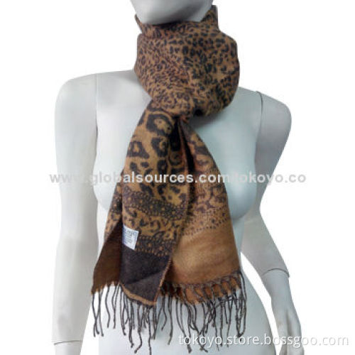 Wool scarf with screen printing, leopard, for winter, 180*70+8cm tassels